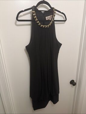 Jessica Howard Black Halter Mini Dress with Gold Chain Detail